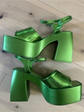 Metallic Green Chunky High Heel Platform Sandals Block Heel Size 6